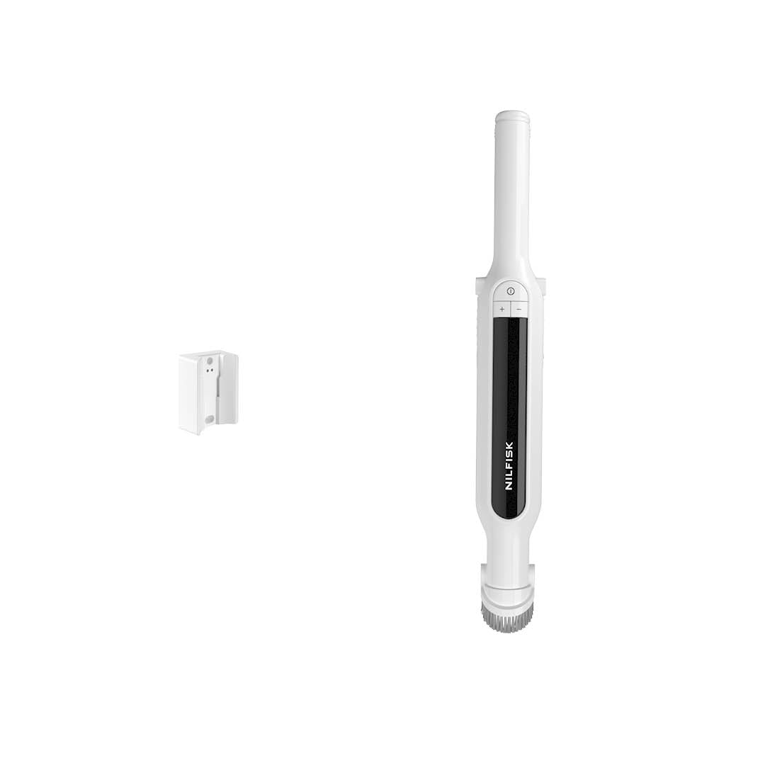 White handheld vacuum cleaner by Nilfisk with black grip panel and brush head, shown upright with wall mount accessory.