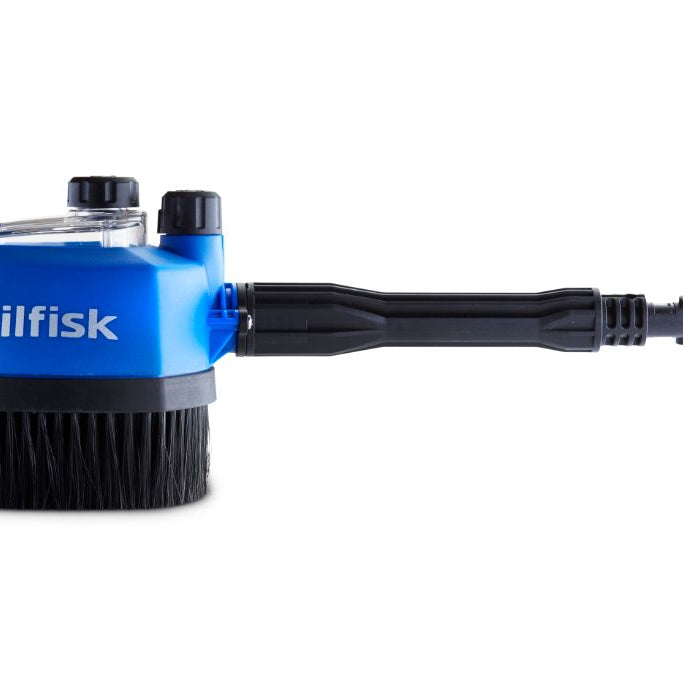 Blue rotary brush kit for pressure washers by Nilfisk, featuring black bristles and a clear reservoir.