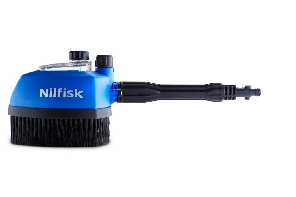 Blue rotary brush kit for pressure washers by Nilfisk, featuring black bristles and a clear reservoir.