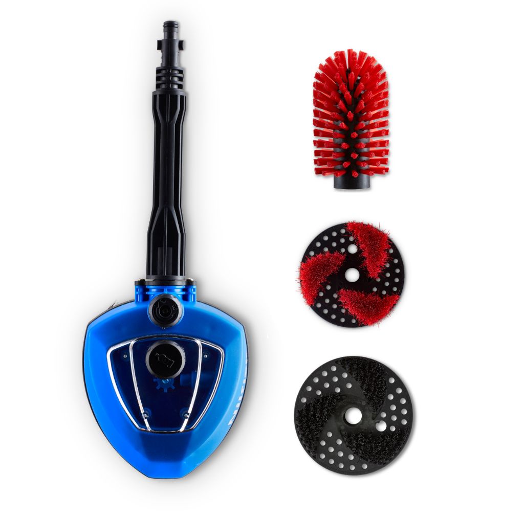 Blue multi-brush kit for pressure washers by ES, featuring a handle and three brush attachments.