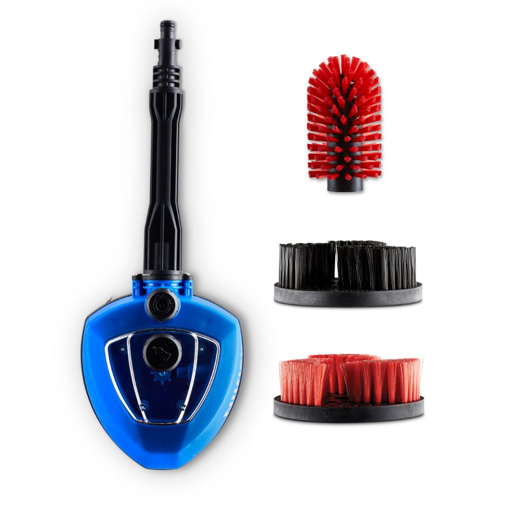 High-pressure washer brush kit from ES, including interchangeable red and black brush heads.
