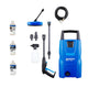 Blue pressure washer by Nilfisk with pressure hose, brush head, detergent applicator, and cleaning solutions.
