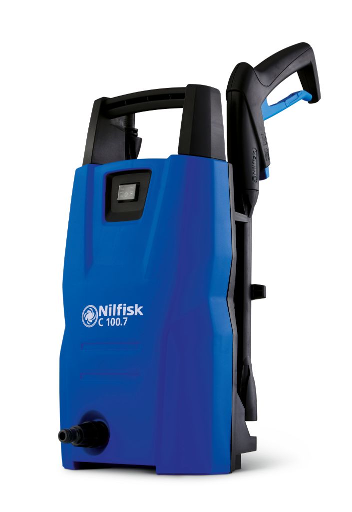 Blue pressure washer by Nilfisk, with a black handle and attached hose, shot at a slight angle.