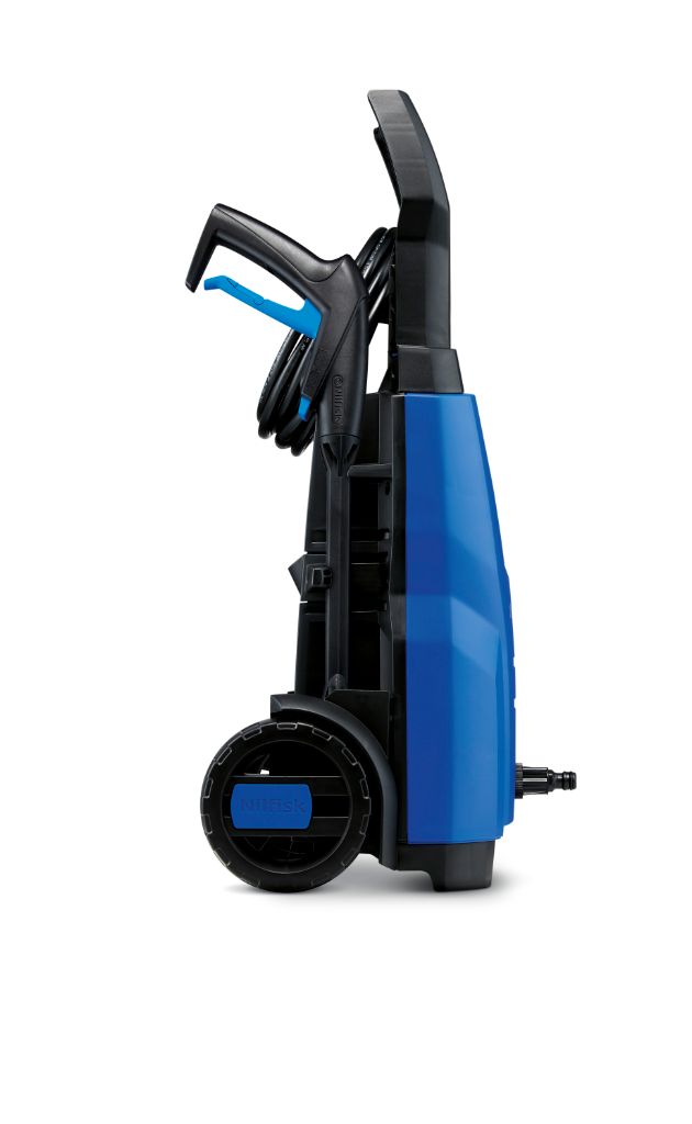 Blue pressure washer by Nilfisk, standing upright with its hose and spray gun attached.