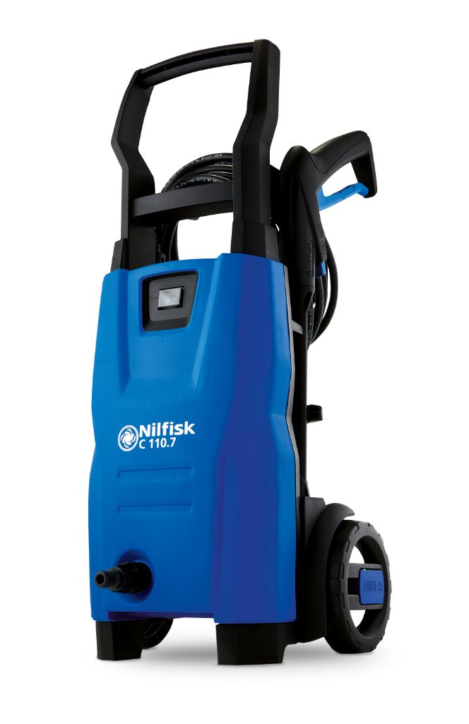 Blue high-pressure washer by Nilfisk with a black handle and black wheels.
