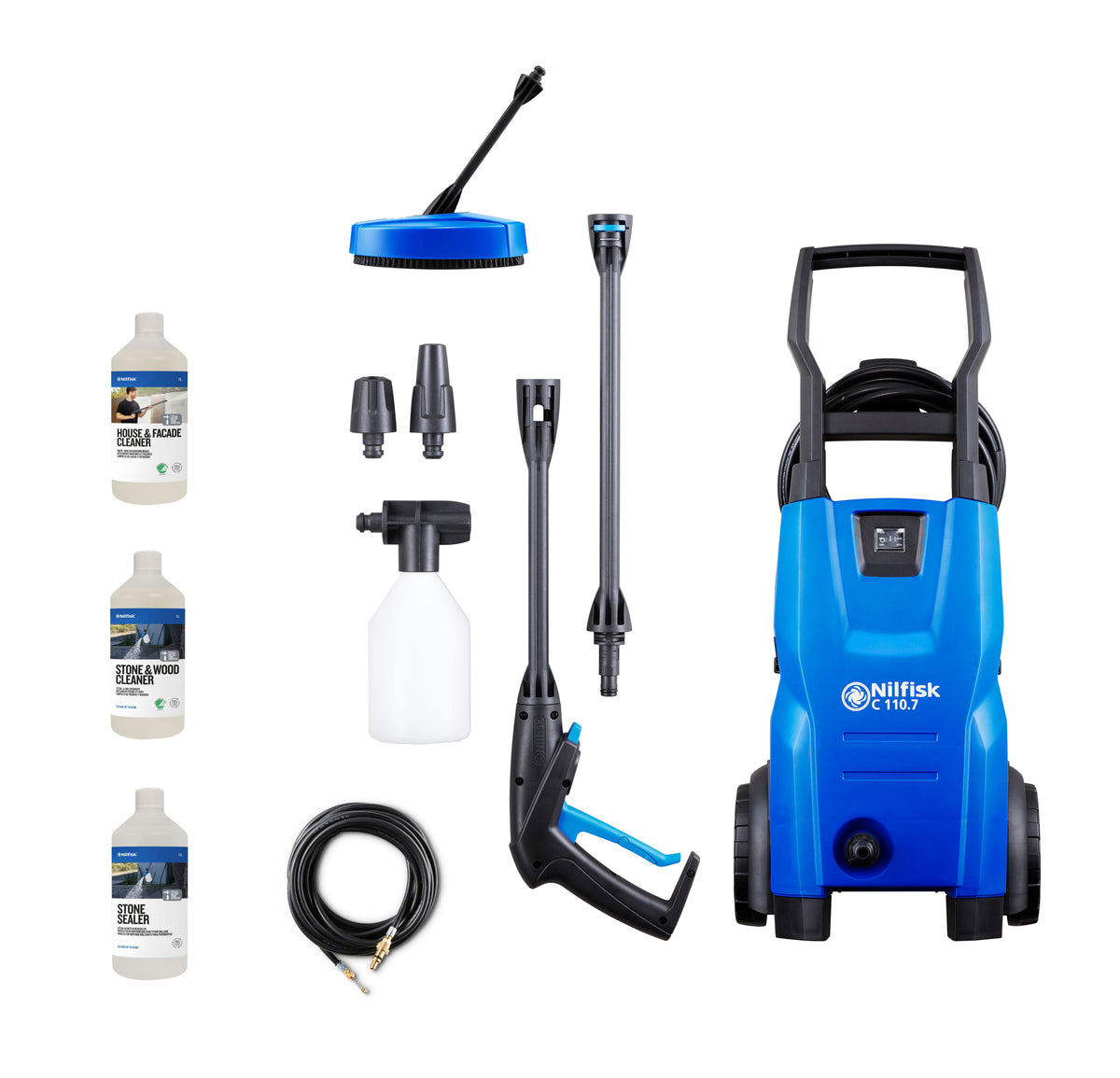 Blue pressure washer by Nilfisk, surrounded by accessories including various nozzles, a brush head, hose, and cleaner bottles.

