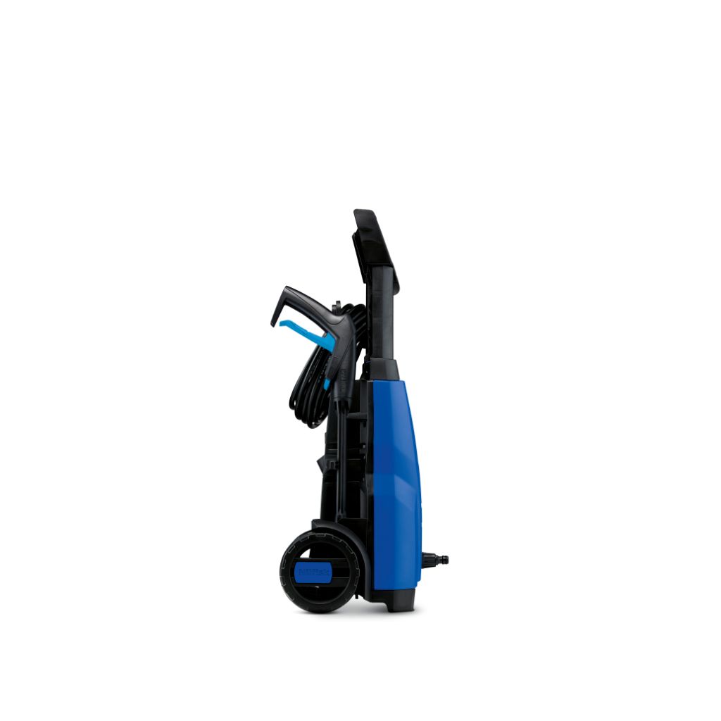 Blue and black pressure washer by ES with hose, nozzle, and on wheels.