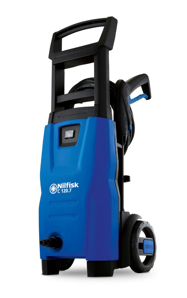 Blue pressure washer by Nilfisk with black handle and hose, positioned on white.
