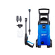 Blue pressure washer by Nilfisk, with a black handle, hose, and accessory attachments.