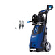 Blue high-pressure washer by Nilfisk, with hose reel and two nozzles.