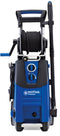 Blue high-pressure washer by Nilfisk, with a hose reel, a black spray gun, and various controls.