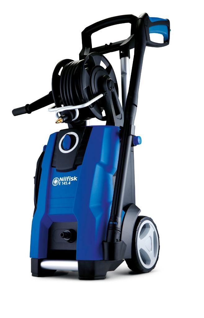 Blue pressure washer by Nilfisk, featuring a hose reel, telescopic handle, and wheels for portability.
