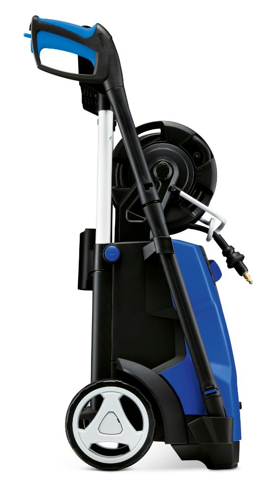 Blue and black pressure washer by Nilfisk, shown in a side view with white wheels and a hose reel.