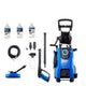 Blue pressure washer by Nilfisk with cleaning solutions, hose, spray gun and other cleaning attachments.