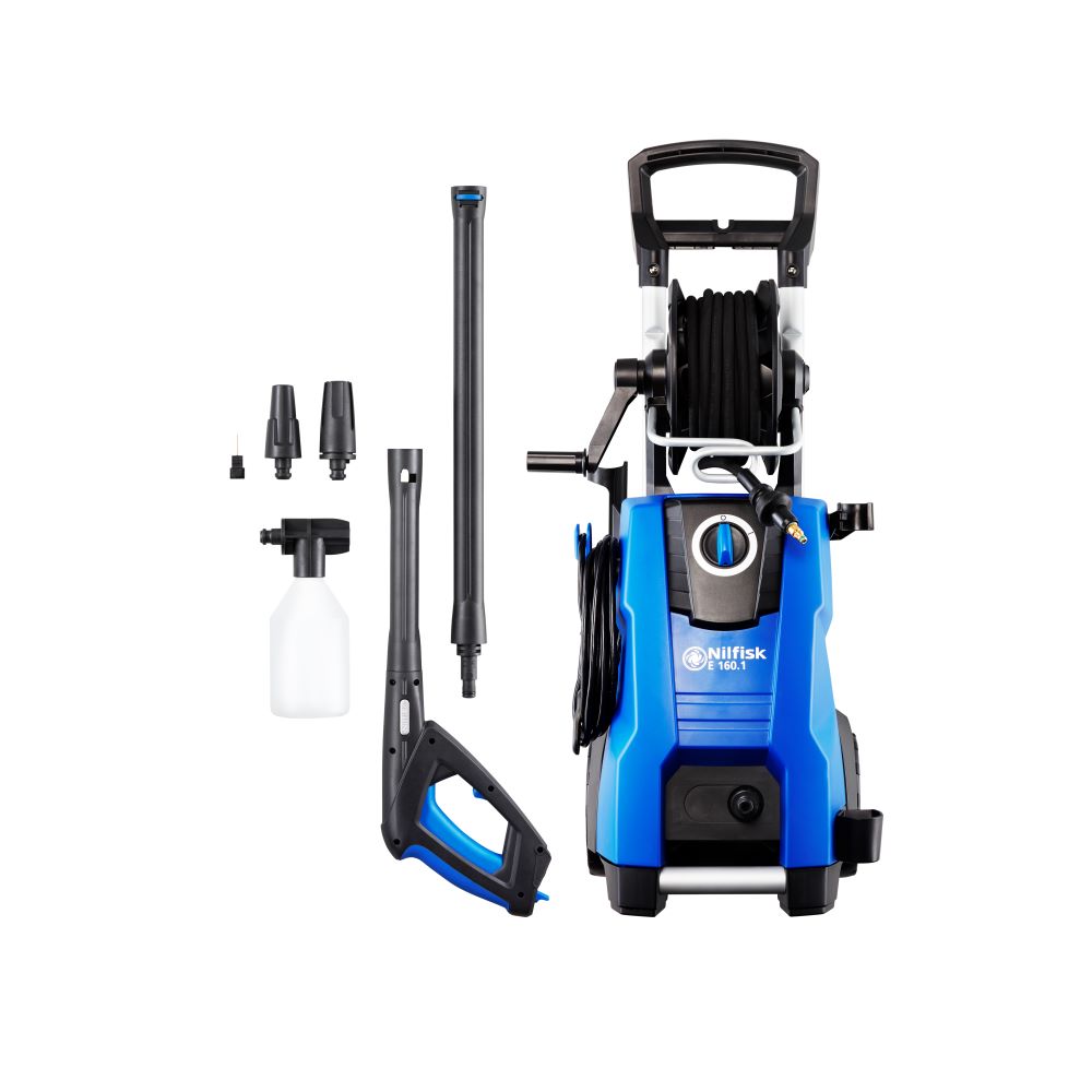 High-pressure washer by Nilfisk with a blue and black body and included attachments.