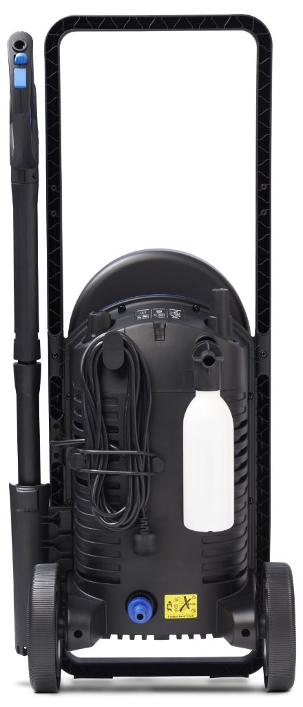 Black high-pressure washer with blue accents, rear view showing coiled hose, white detergent bottle, and dual wheels, by Core 140 Car Wash UK