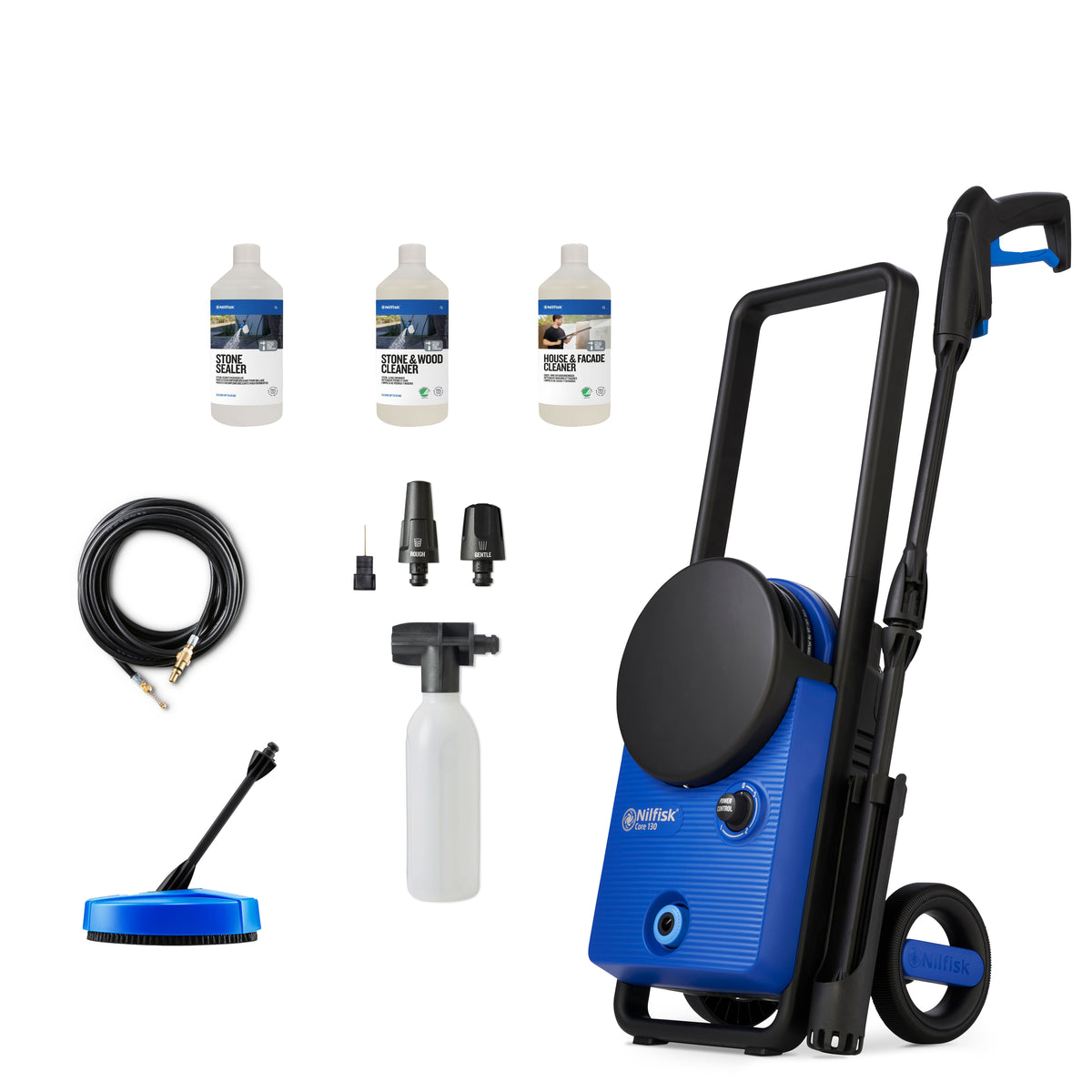 Blue Core 130-6 PowerControl pressure washer by Nilfisk, with cleaning solutions and accessories.