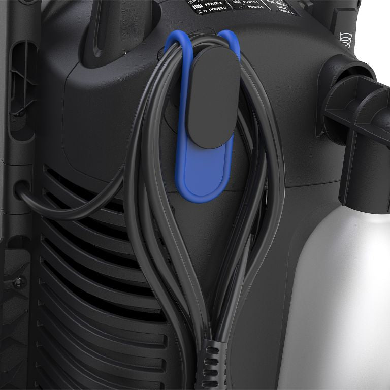 High-pressure washer for car washing by Nilfisk, featuring a black power cord on a blue hook.