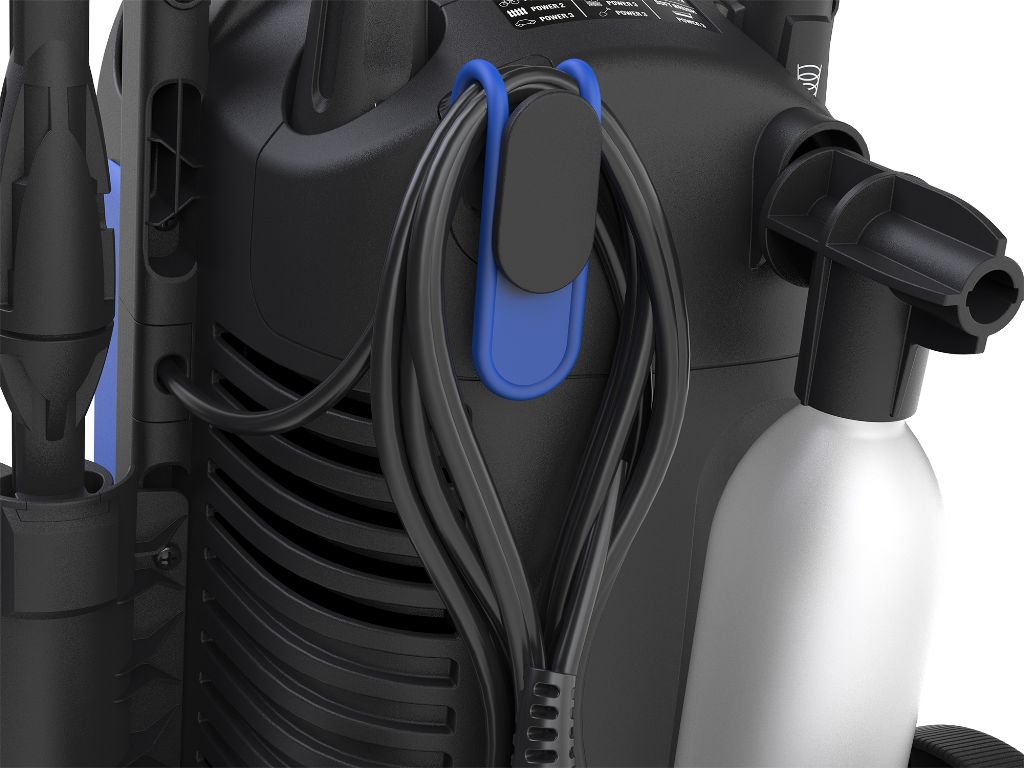 High-pressure washer for car washing by Nilfisk, featuring a black power cord on a blue hook.