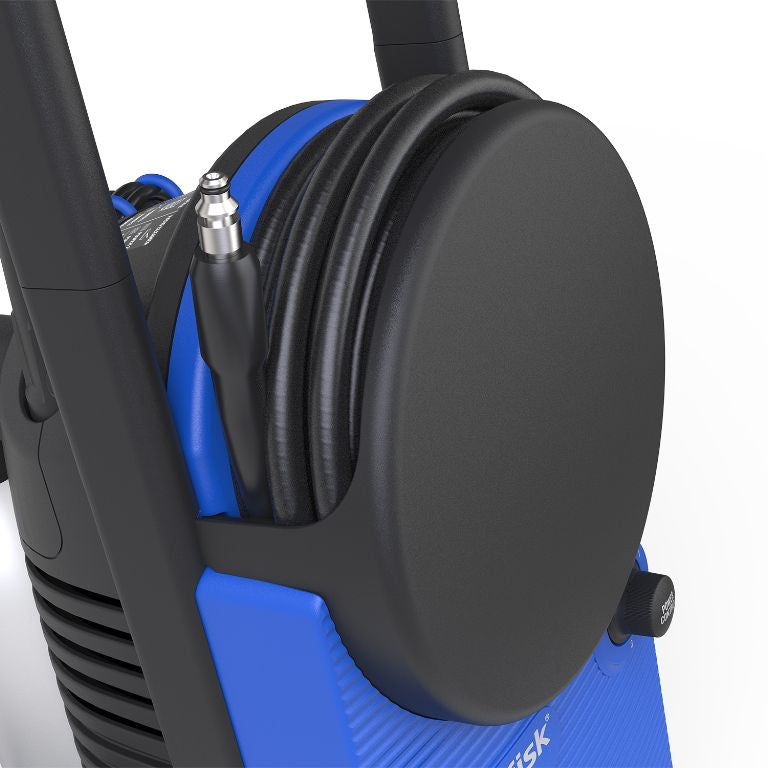 Blue high-pressure washer by Nilfisk with a black hose reel, showing a partial view from the side.