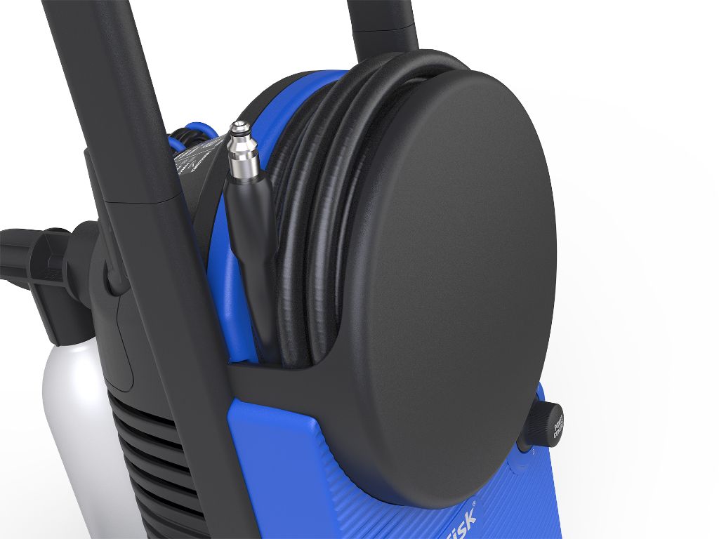Blue and black pressure washer by Nilfisk featuring a hose reel and a white detergent tank, angled view.