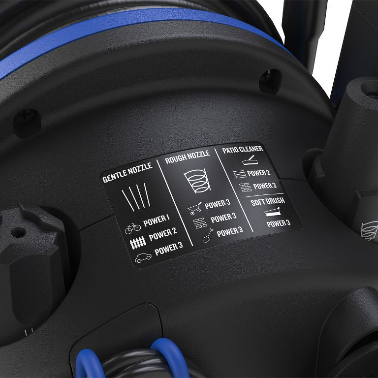 Pressure washer power control dial with different nozzle settings and power levels.