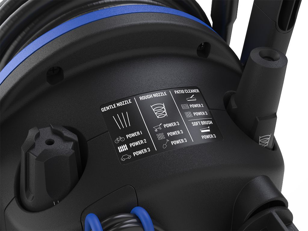 Pressure washer power control dial with different nozzle settings and power levels.
