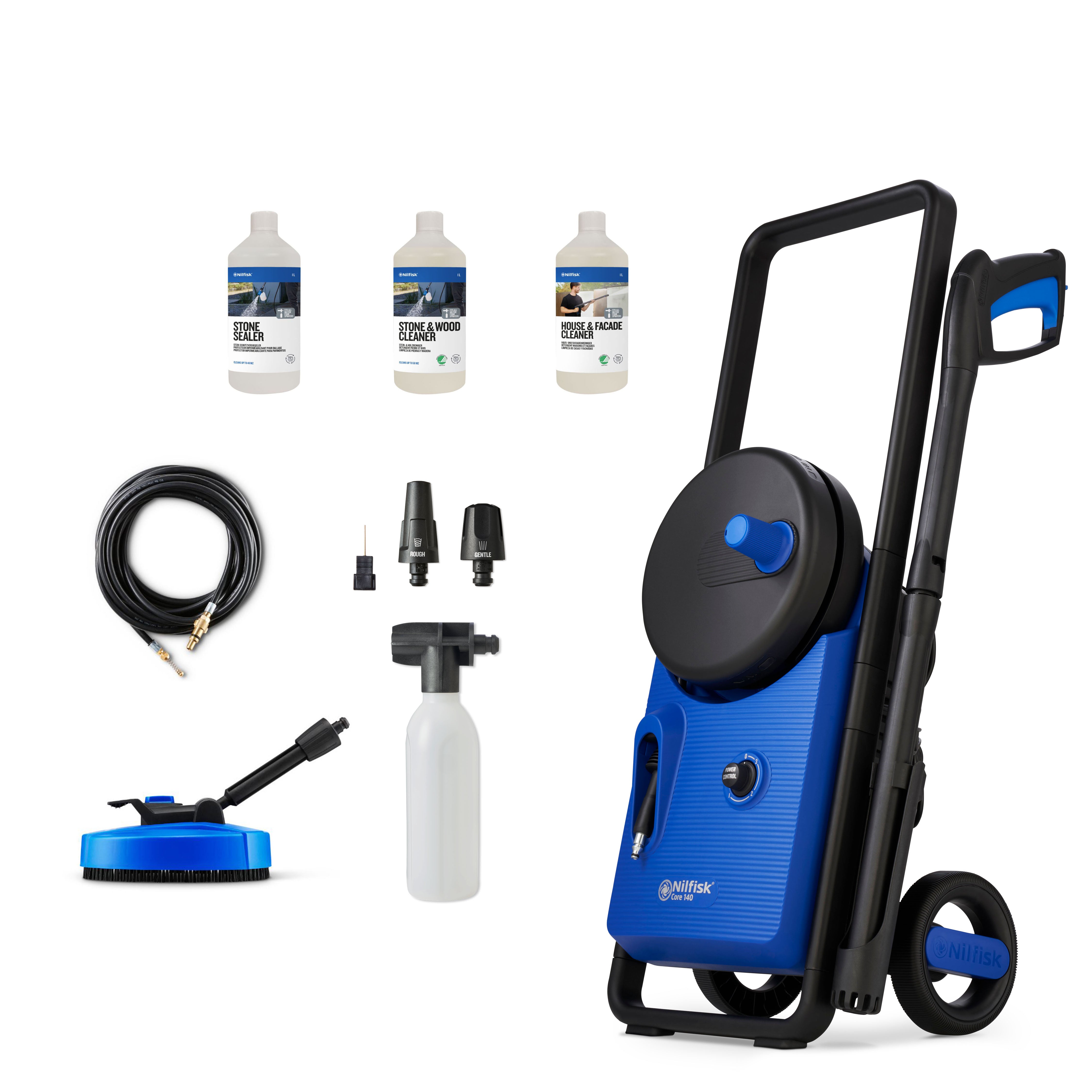Blue and black high-pressure washer by Nilfisk with hose, attachments, and cleaning solution bottles.