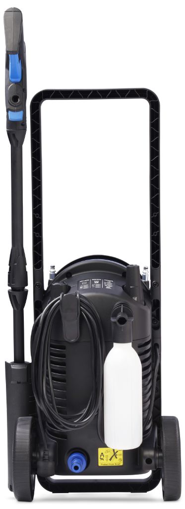 High pressure washer Core 130-6 PowerControl UK by Nilfisk, showing the back side with black frame and wheels.