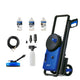 Blue and black pressure washer by Nilfisk with various cleaning attachments and cleaning solution bottles.