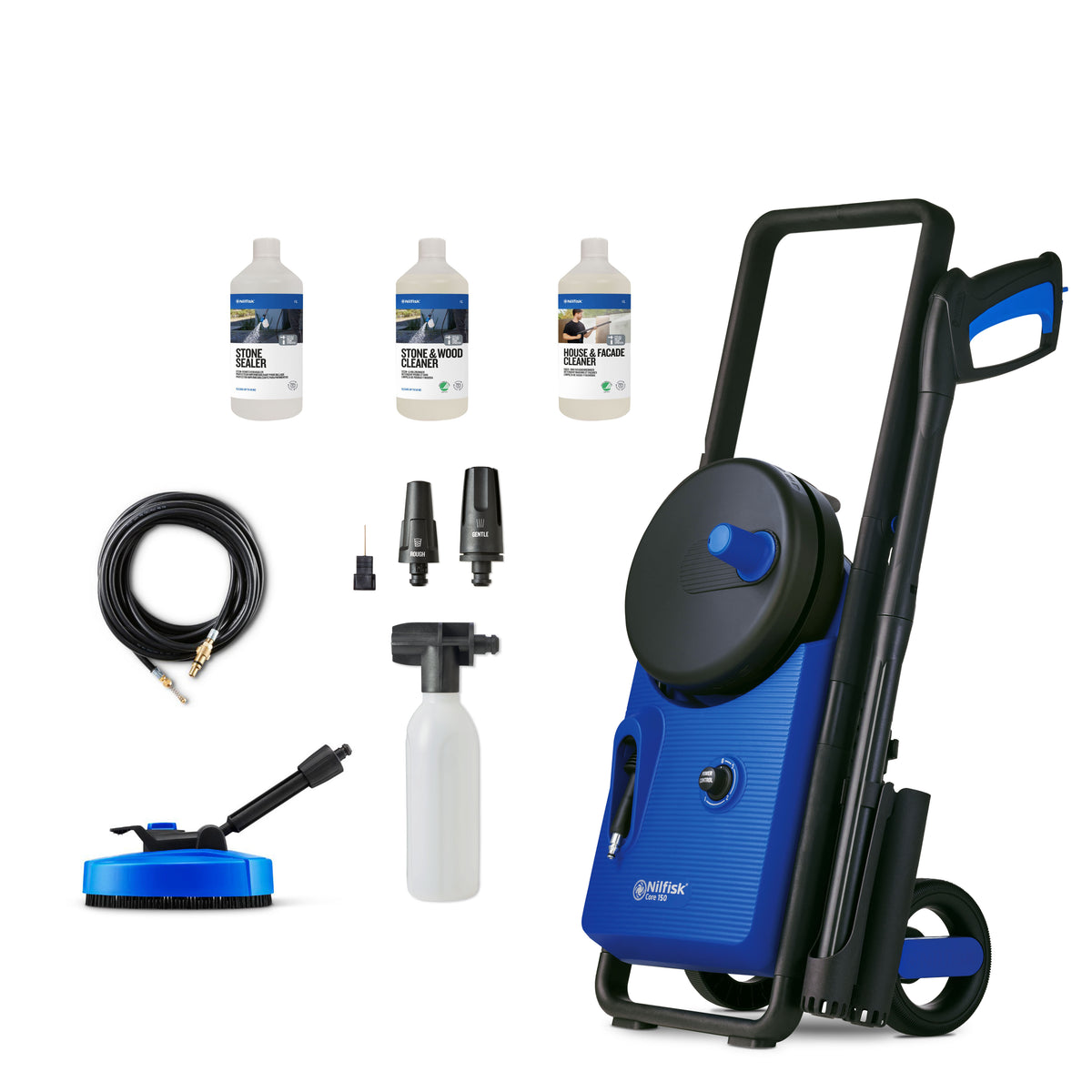 Blue and black pressure washer by Nilfisk with various cleaning attachments and cleaning solution bottles.