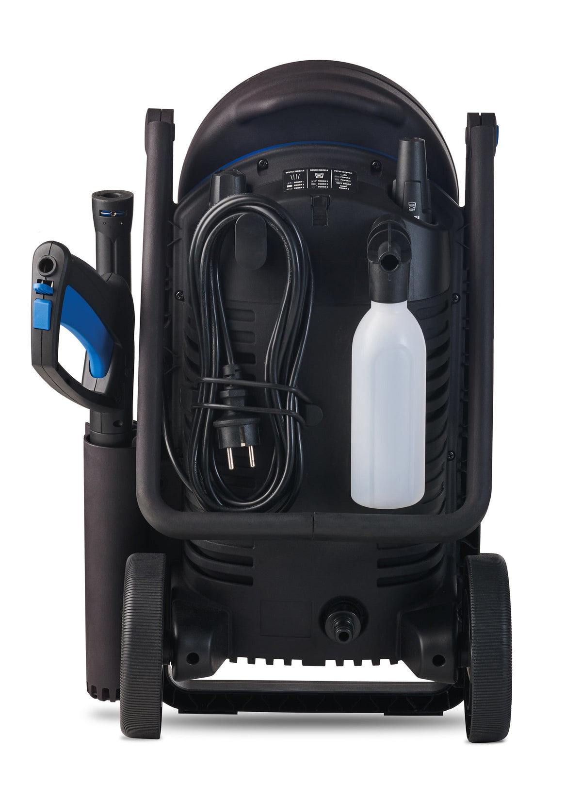 Black pressure washer by Nilfisk with a mounted spray gun, power cord, and detergent bottle, back view.