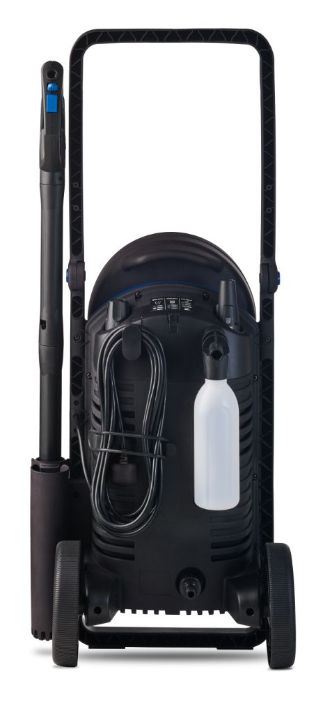 Black high-pressure washer with blue accents, featuring a rear view with coiled hose, spray gun, and detergent bottle, on two wheels.