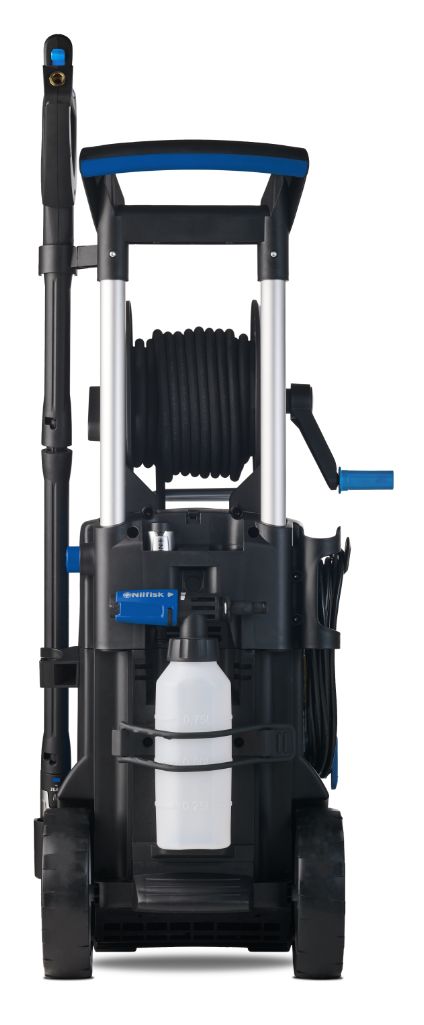 High pressure washer by Nilfisk with black housing, wheels, and hose reel.