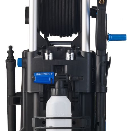 High-pressure washer from Nilfisk with a black frame, a hose reel, and a detergent bottle.