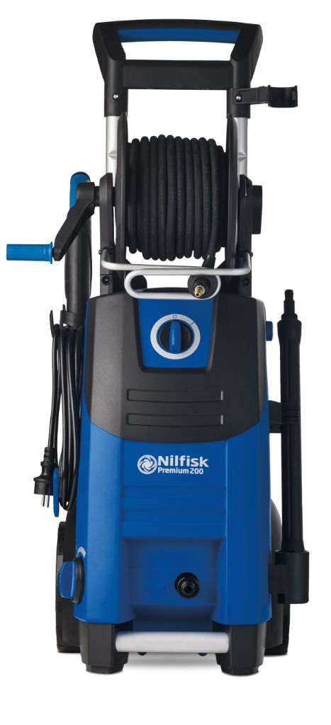 Blue and black high-pressure washer with coiled hose and spray gun, by Nilfisk, front view with control dial and wheels.