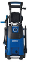 Blue and black high-pressure washer with coiled hose and spray gun, by Nilfisk, front view with control dial and wheels.