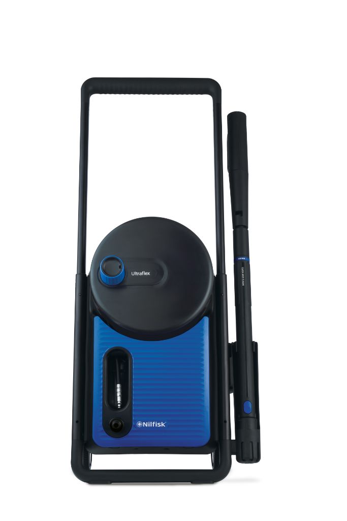 Blue high-pressure washer by Nilfisk, folded and in upright position.