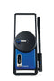 Blue high-pressure washer by Nilfisk with black handle, reel and spray lance, against a white background.