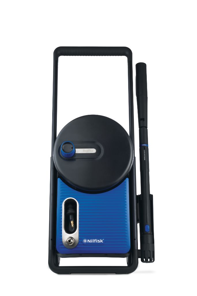 Blue pressure washer by Nilfisk with a hose reel and black frame.