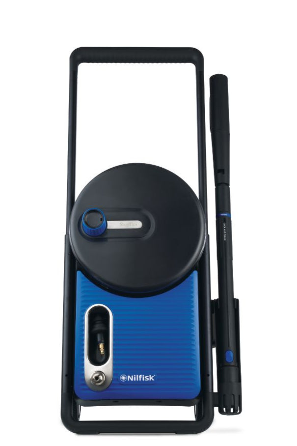Blue high-pressure washer by Nilfisk with black hose reel and spray lance on black frame.
