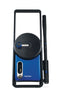 Blue high-pressure washer by Nilfisk with black hose reel and spray lance on black frame.