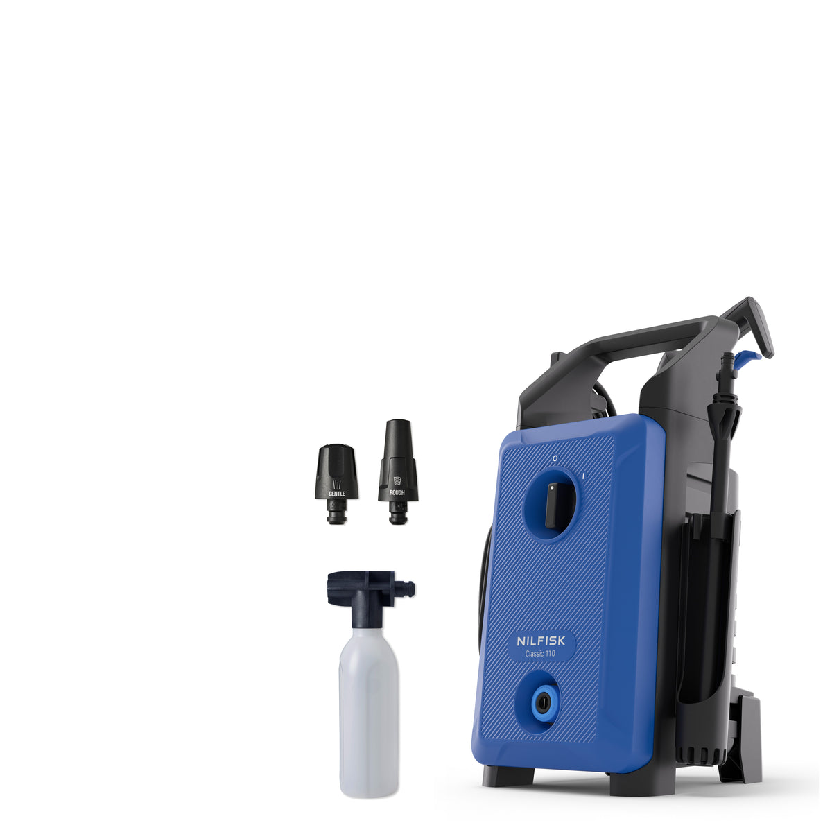 Blue and gray high-pressure washer with textured front panel and black handle, by Nilfisk, shown with two nozzles and detergent bottle, side view.