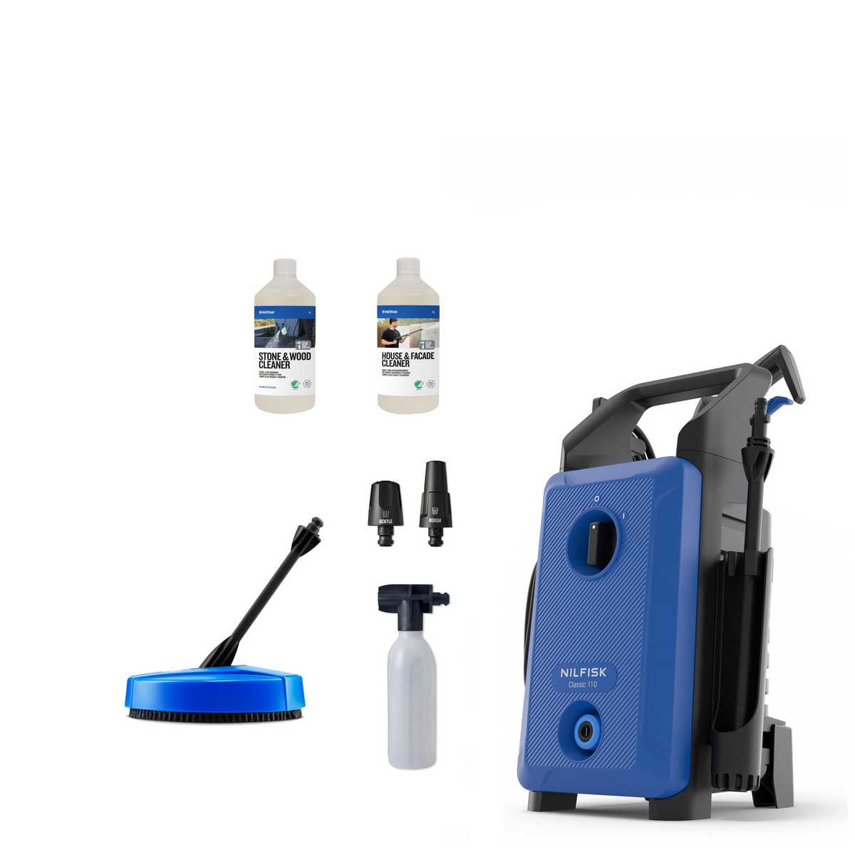 Blue and black high-pressure washer with textured front panel, by Nilfisk, shown with accessories including spray nozzles, brush attachment, and cleaning solutions.