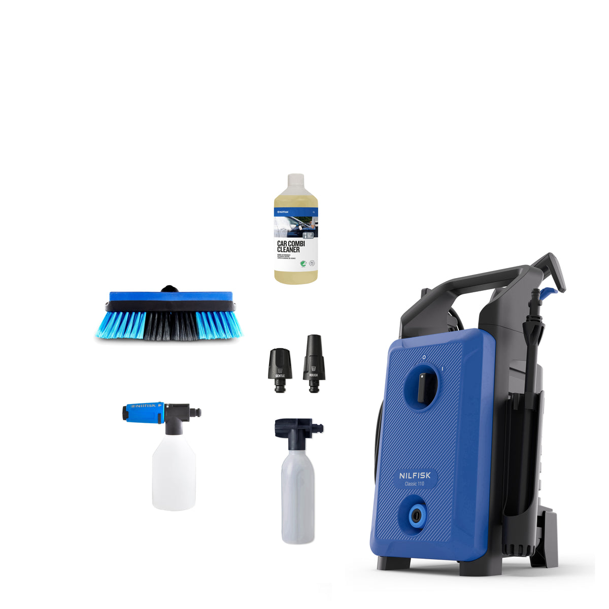 Blue and black high-pressure washer with textured front panel by Nilfisk, shown with accessories including brush, nozzles, and cleaning solution bottles.