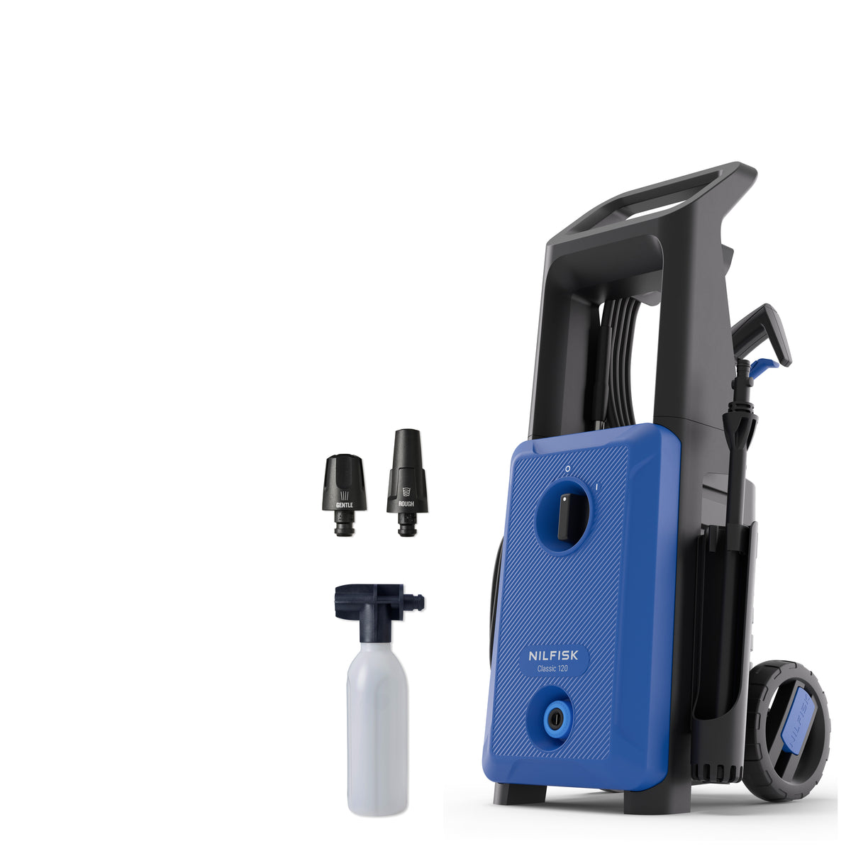 Blue and black high-pressure washer with textured front panel and attached hose, by Nilfisk, shown with spray nozzle attachments and detergent bottle, side view.