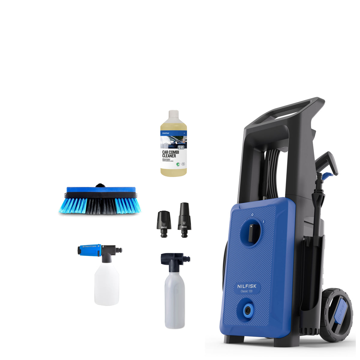 Blue and black high-pressure washer with textured front panel and wheel, by Nilfisk, shown with accessories including brush, nozzles, and cleaning solution bottles.