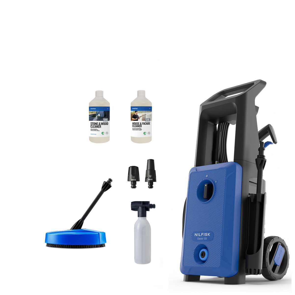 Blue and black pressure washer with textured front panel by Nilfisk, featuring wheels, spray lance, and accessories including brushes, nozzles, and cleaning solutions.