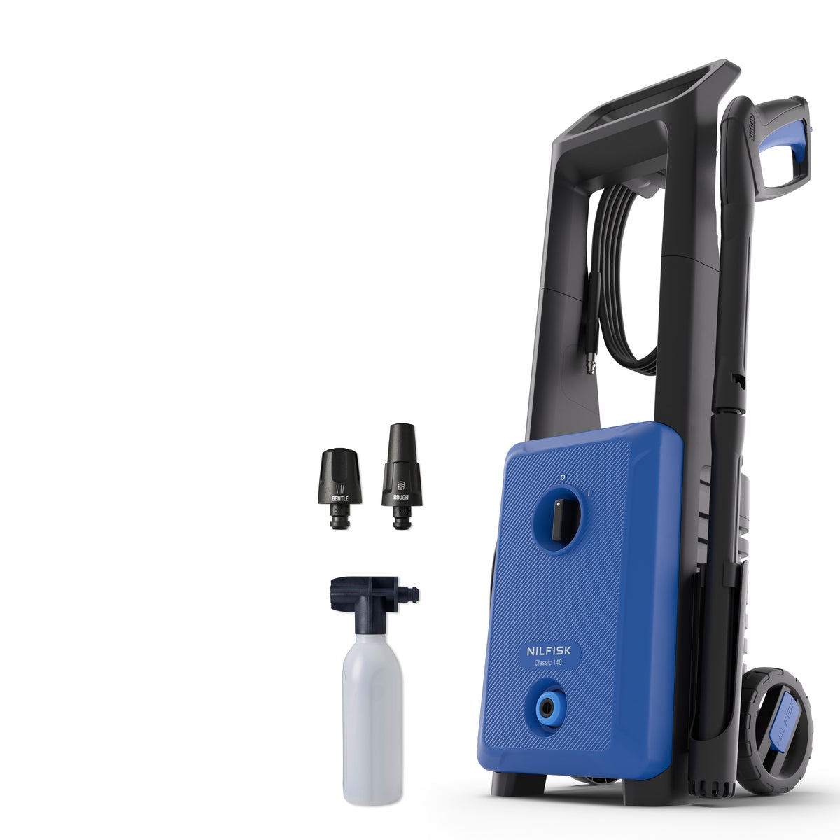 Blue and black high-pressure washer with textured front panel and hose reel, by Nilfisk, featuring spray lance, nozzles, and detergent bottle, side view.