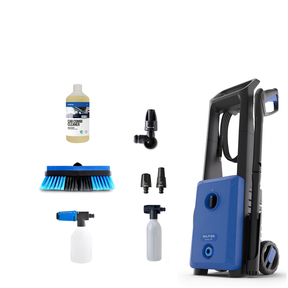 Blue and black high-pressure washer with textured body, by Nilfisk, shown with accessories including nozzles, brush, and cleaning bottles.